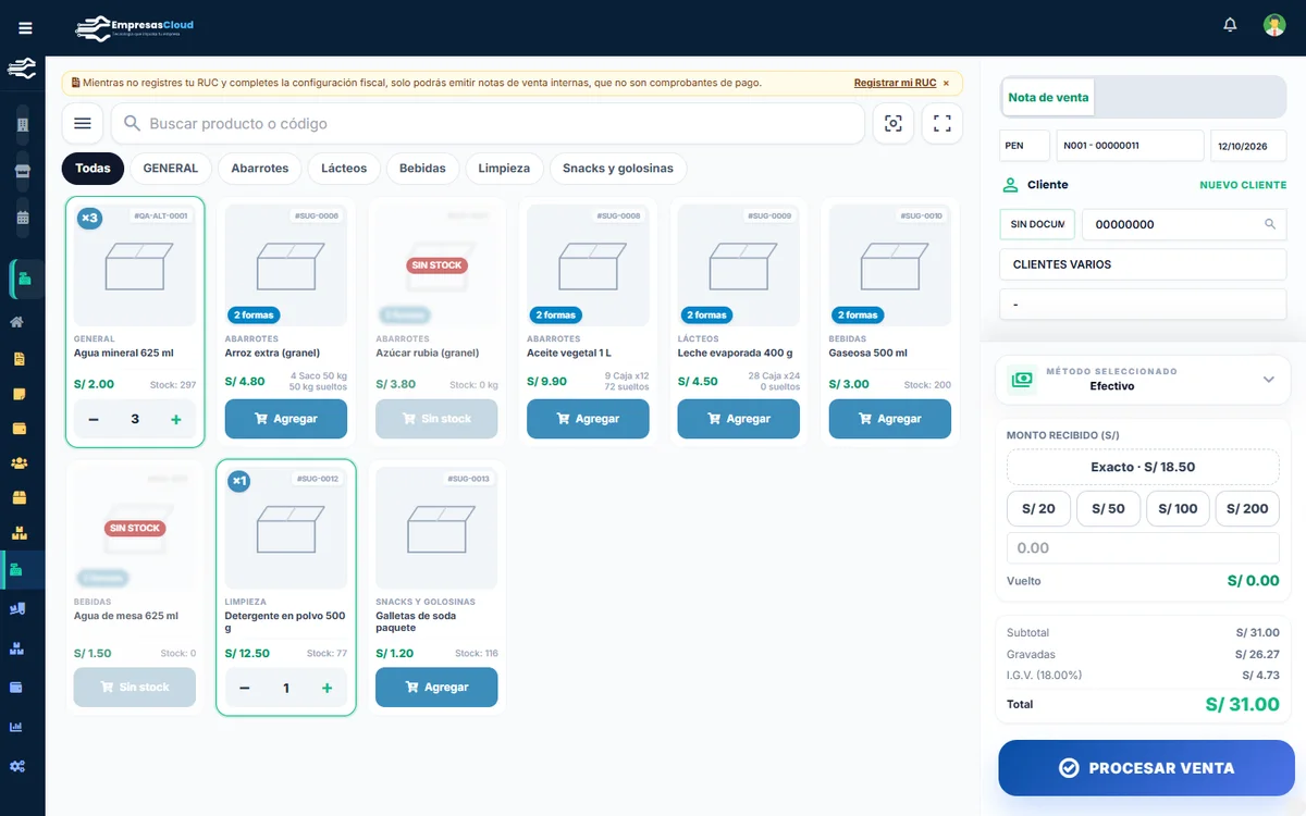 Punto de venta de EmpresasCloud con productos y carrito
